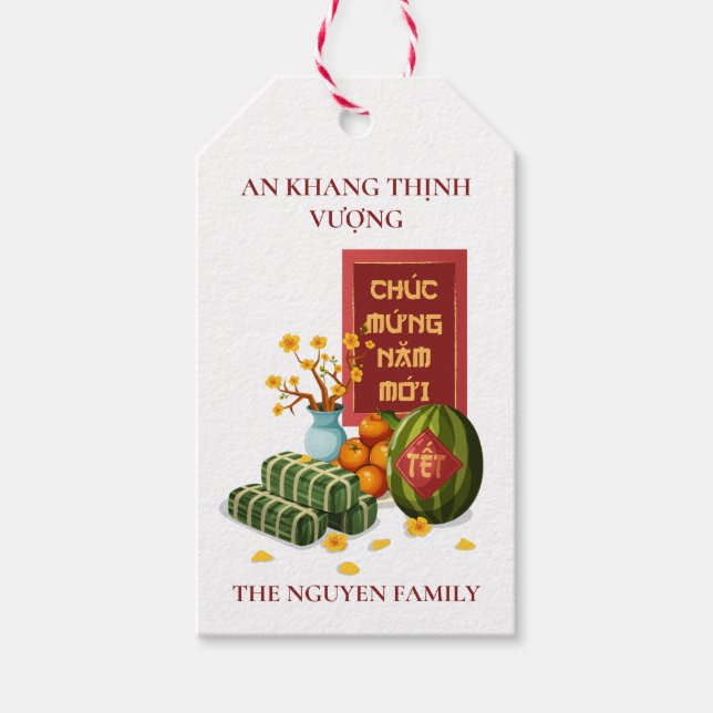 Étiquettes-cadeau Tét vietnamien Banh Chung Pastèque & Hoa Mai (Devant)