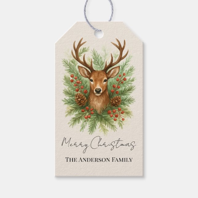 Étiquettes-cadeau Tête de cerf de la forêt rustique avec feuillage d (Devant)