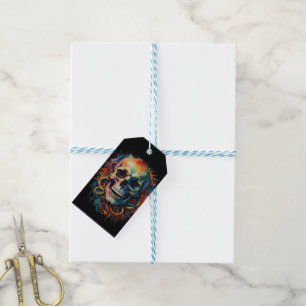 Étiquettes-cadeau Tête de crâne avec pointes de peinture multicolore