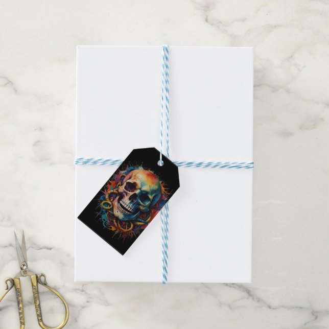 Étiquettes-cadeau Tête de crâne avec pointes de peinture multicolore (Avec de laficelle)
