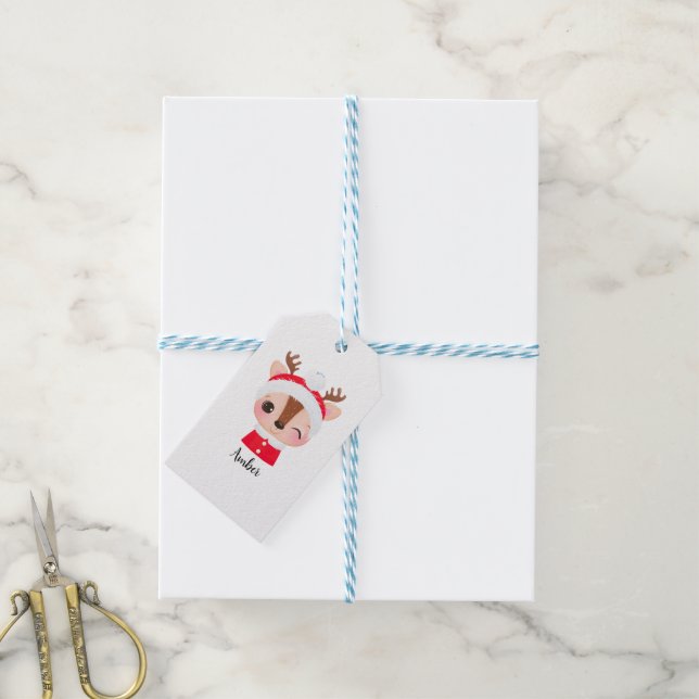 Étiquettes-cadeau Tête de renne de Père Noël Noël mignonne (Avec de laficelle)