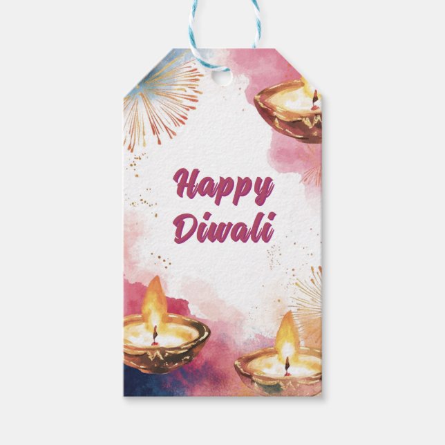 Étiquettes-cadeau Texte personnalisé, Aquarelle Diwali Lumière et fê (Devant)