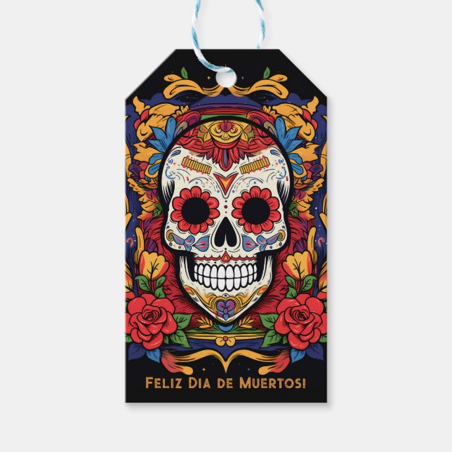 Étiquettes-cadeau Texte personnalisé Dia de Muertos ☠️ Crâne à sucre (Devant)