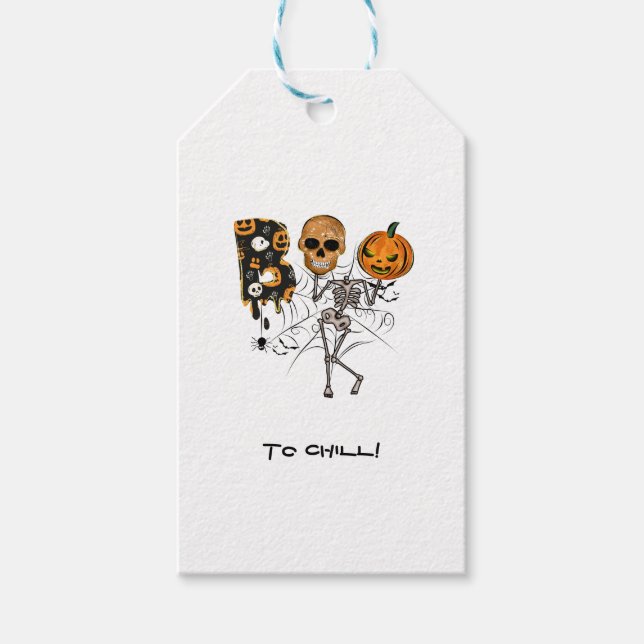 Étiquettes-cadeau Texte personnalisé Halloween Citrouille Squelette  (Devant)