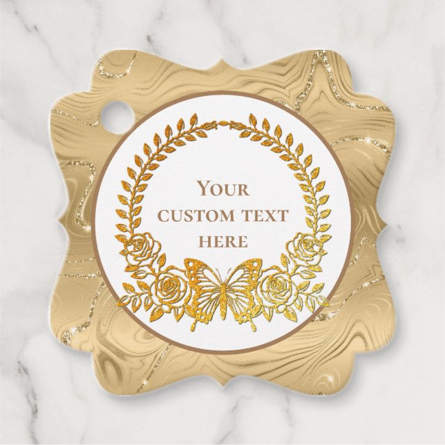 Étiquettes Cadeau Texte personnalisé, Papillon et Fleur d'or (Devant)