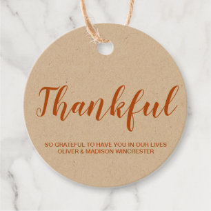 Étiquettes Cadeau Thankful orange script personnalisé kraft thansgiv