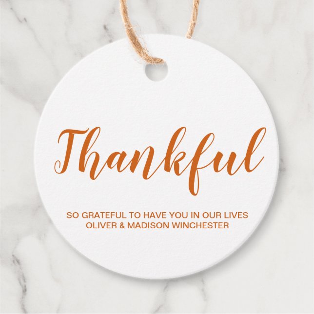 Étiquettes Cadeau Thankful orange script personnalisé kraft thansgiv (Devant)