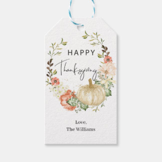 Étiquettes-cadeau Thanksgiving Floral Citrouille
