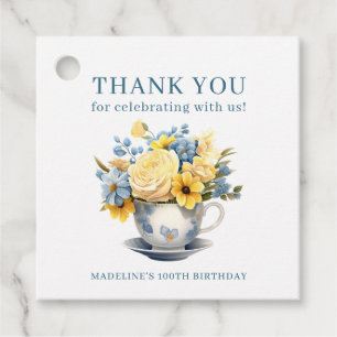 Étiquettes Cadeau Théière Fleurs Jaunes Bleues 100e Anniversaire