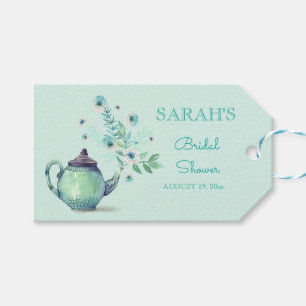 Étiquettes-cadeau Théière verte menthe Fleurs à l'aquarelle