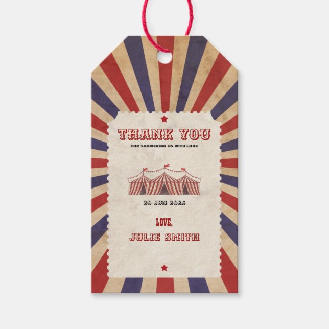 Étiquettes-cadeau Thème Carnaval Rouge du Baby shower de cirque vint (Devant)