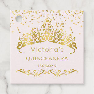 Étiquettes Cadeau Tiara or, pois de polka confetti Quinceanera