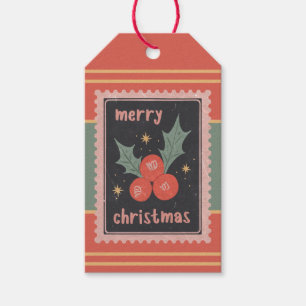 Étiquettes-cadeau Timbre en papier rétro personnalisé Noël houx baie