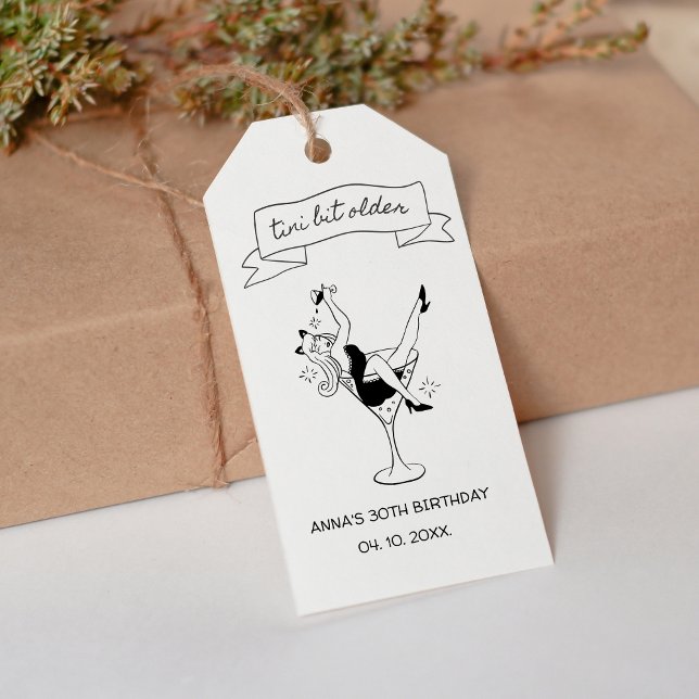 Étiquettes-cadeau Tini Bit Plus Vieux Trente Espresso Martini (tini bit older hand illustrated gift tag for dirty 30 birthday martini)