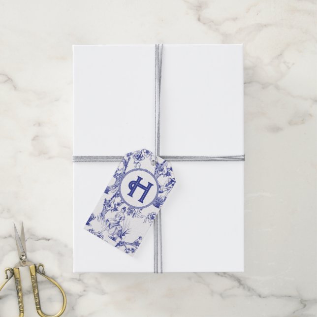 Étiquettes-cadeau Toile bleue et blanche (Avec de la ficelle)