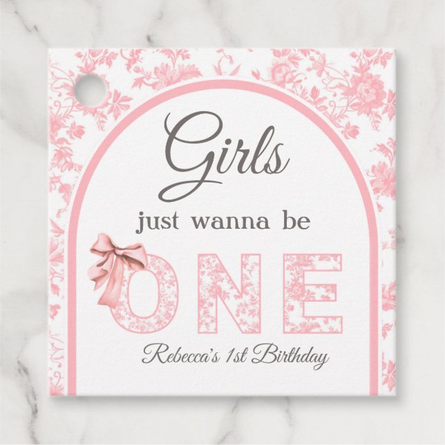 Étiquettes Cadeau Toile Coquette Pink Bow Girl 1er anniversaire (Devant)