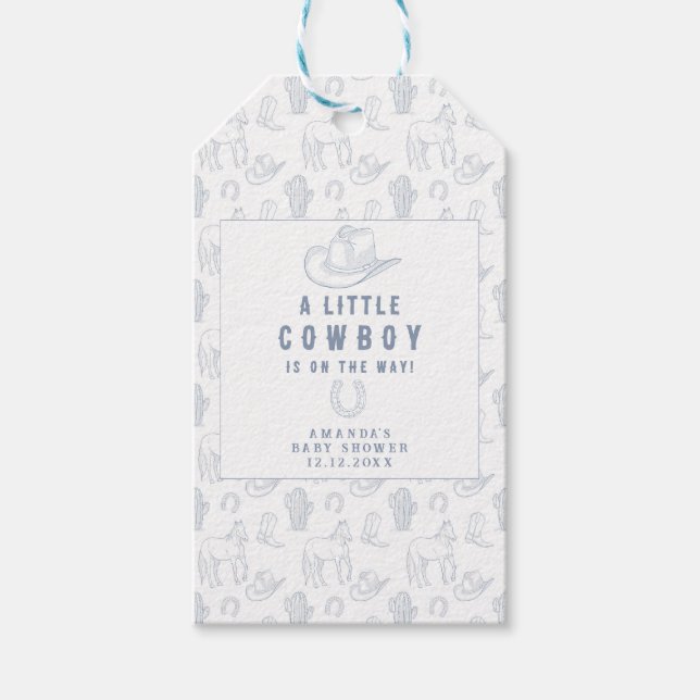 Étiquettes-cadeau Toile de Jouy Blue Cowboy Baby shower occidental (Devant)