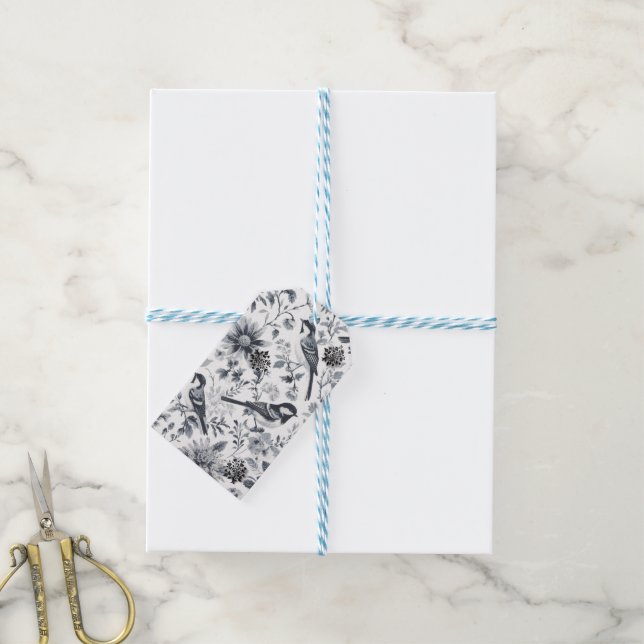 Étiquettes-cadeau Toile d'oiseaux gris charbon (Avec de laficelle)