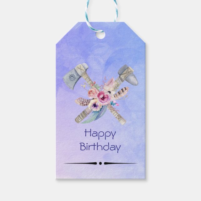 Étiquettes-cadeau Tomahawk Plumes et fleurs Joyeux anniversaire (Devant)