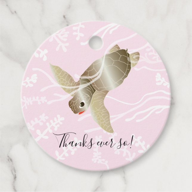 Étiquettes Cadeau Tortue de mer baby shower rose (Devant)