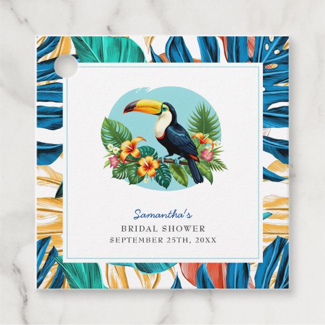 Étiquettes Cadeau Toucan Fête de Mariage Été Forêt Tropicale (Devant)