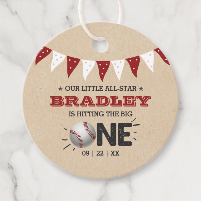 Étiquettes Cadeau Toucher Le Grand | Baseball 1er anniversaire (Devant)