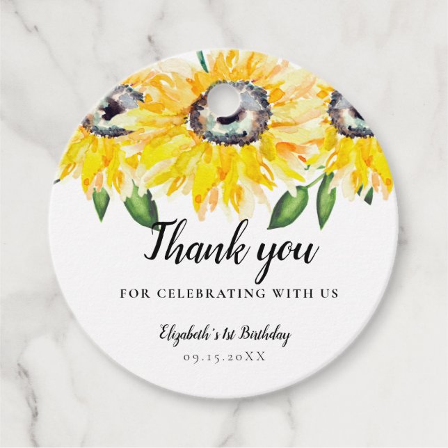 Étiquettes Cadeau Tournesol Anniversaire Première aquarelle Floral 1 (Devant)