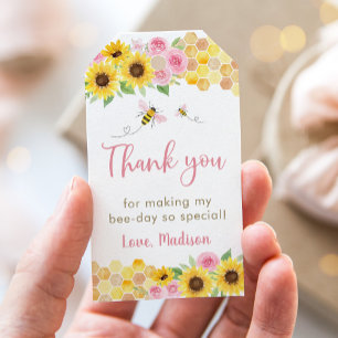 Étiquettes-cadeau Tournesol d'abeille rose Anniversaire Merci