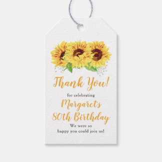 Étiquettes-cadeau Tournesol jaune 80e anniversaire Merci