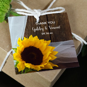 Étiquettes Cadeau Tournesol jaune rustique et Mariage en bois de gra