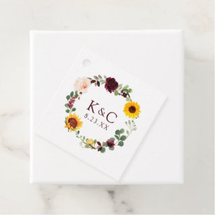 Étiquettes Cadeau Tournesol mariage ou douche et Roses bourgognes