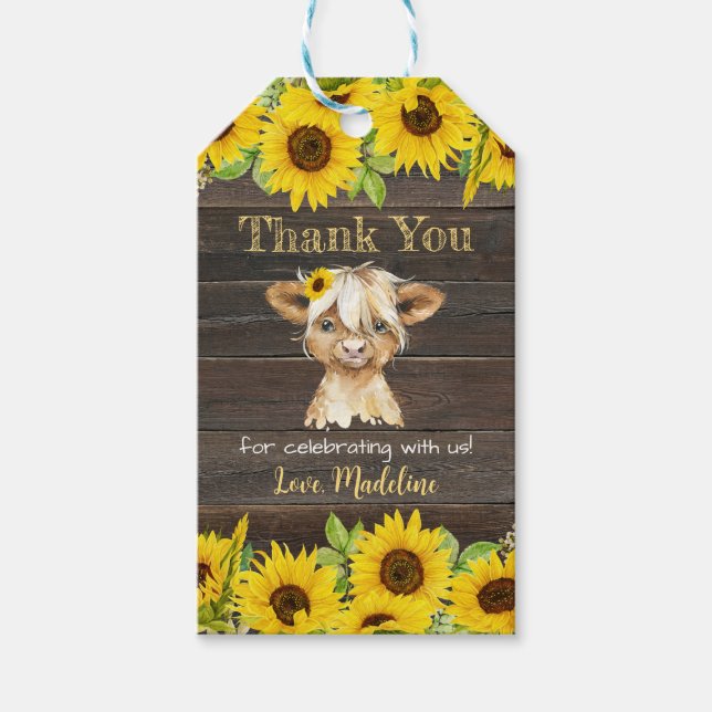 Étiquettes-cadeau Tournesol rustique Highland Merci de vache Favoris (Devant)