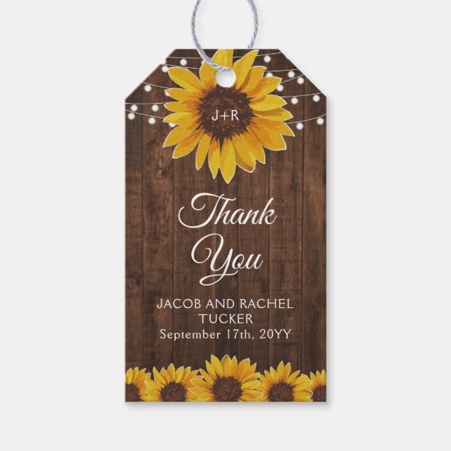 Étiquettes-cadeau Tournesol rustique Lights Mariage Merci (Devant)