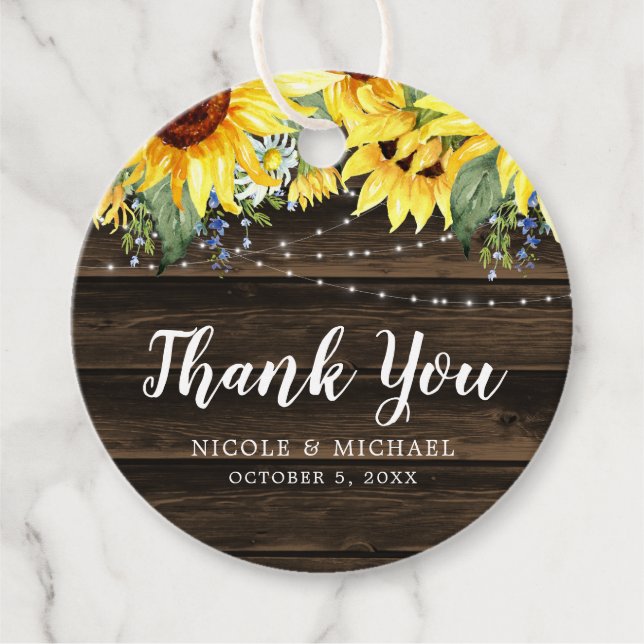 Étiquettes Cadeau Tournesol rustique Lights Mariage Merci (Devant)