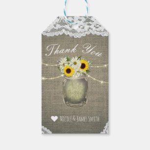 Étiquettes-cadeau Tournesols et marguerites en dentelle de jute Pot