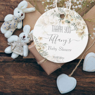 Étiquettes Cadeau Tout blanc baby shower argent blanc blanc fleuri g