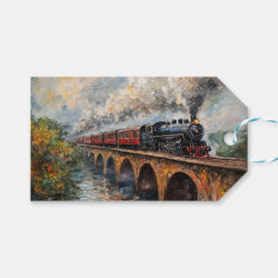 Étiquettes-cadeau Train à vapeur sur un pont - Peinture à l'huile
