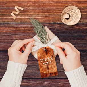 Étiquettes-cadeau Tranche d'Arbre en Bois Rustique Monogramme Mariag