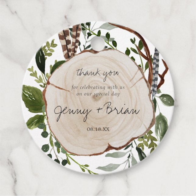 Étiquettes Cadeau Tranches de bois de verdure rustique | MERCI MARIA (Devant)