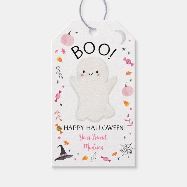 Étiquettes-cadeau Treat Halloween Ghost rose (Devant)
