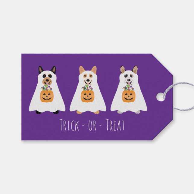 Étiquettes-cadeau Trick Ou Treat Corgi Ghost Dogs Halloween (Devant (Horizontal))