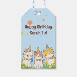 Étiquettes-cadeau Trio Adorable de Chats d'Anniversaire   Nom & Âge 