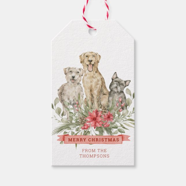 Étiquettes-cadeau Trois Chiens à fleurs | Joyeux Noël (Devant)