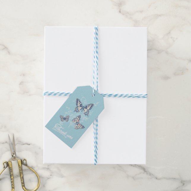 Étiquettes-cadeau Trois papillons dessinent bleu clair merci (Avec de laficelle)