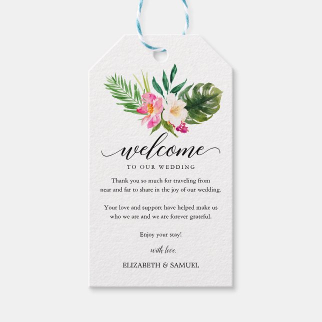Étiquettes-cadeau Tropical Floral Feuille Mariage Calligraphie Bienv (Devant)