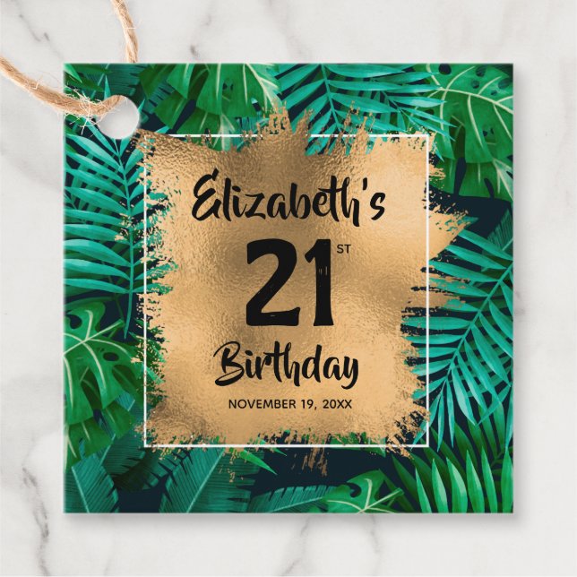 Étiquettes Cadeau Tropical Plante Gold 21e anniversaire Personnalisé (Devant)