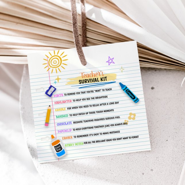 Étiquettes Cadeau Trousse de survie de l'enseignant Retour au Carré  (Teacher's Survival Kit Square Favor Tags)