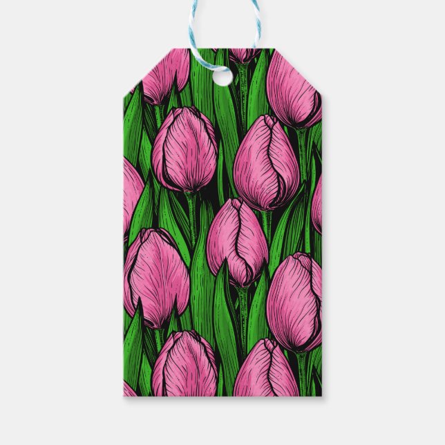 Étiquettes-cadeau Tulières roses avec feuilles verts (Devant)