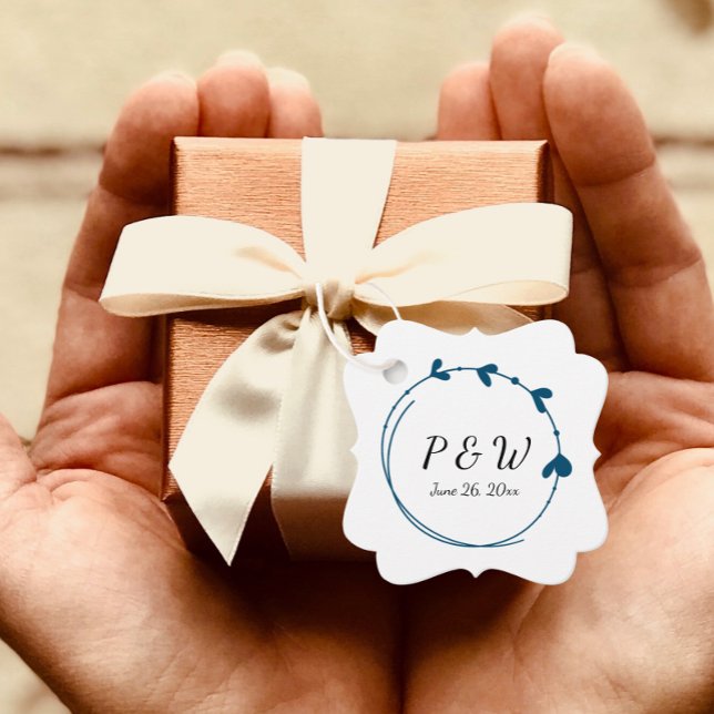 Étiquettes Cadeau Turquoise Bleu Simple Coeur Wreath Monogramme Mari (In Situ Held)