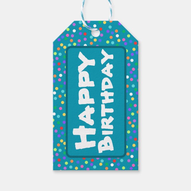 Étiquettes-cadeau Turquoise Blue Rainbow Confetti Joyeux cadeau d'an (Devant)